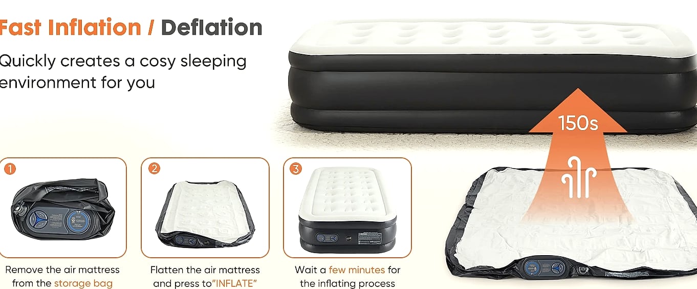 JHK Queen Twin Size Air Mattress Double Height 660 lbs — assembled view