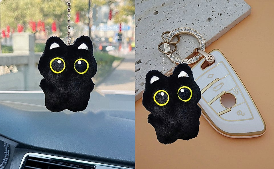 HUIJUFU Black Cat Plush Keychain Purse Charm for Bags — assembled view