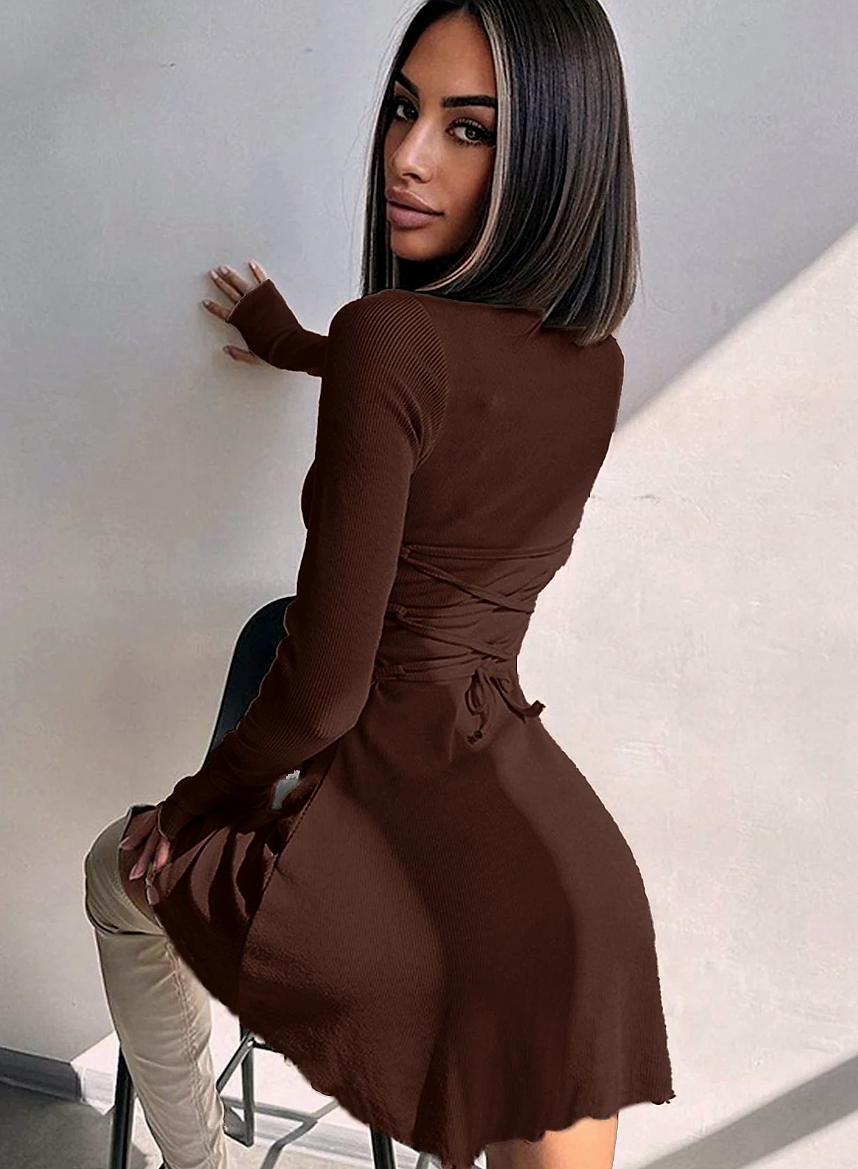 Women's Long Sleeve Bodycon Mini Dress — scale reference