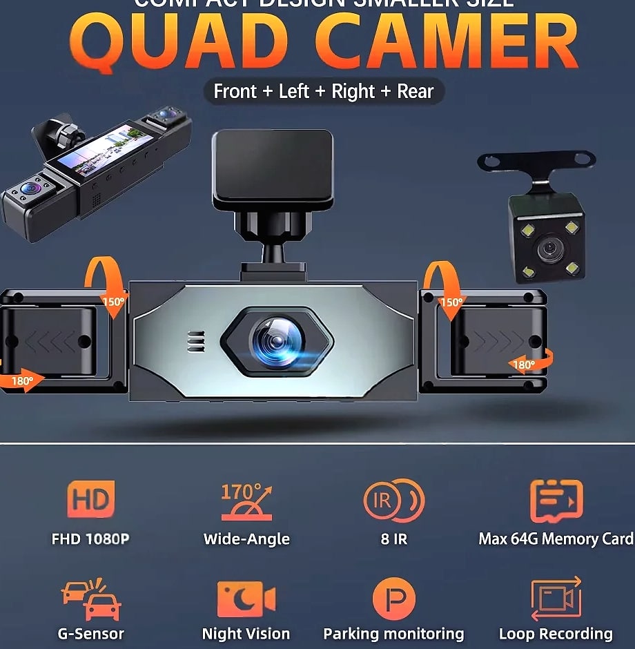 Kolvt 4 Channel 1080P Dash Cam with Front Rear Side Cameras — assembled view