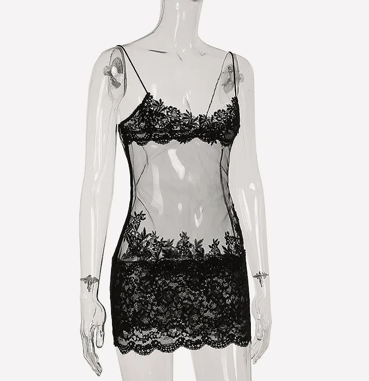 Grosfairy Lace Mini Dress with Spaghetti Straps and Flower — side view