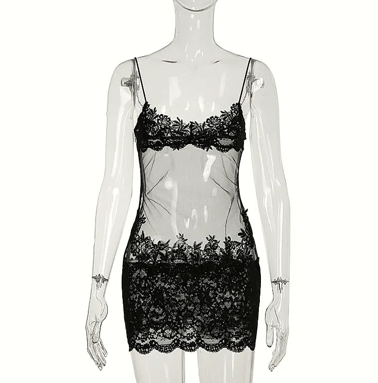 Grosfairy Lace Mini Dress with Spaghetti Straps and Flower — feature highlights