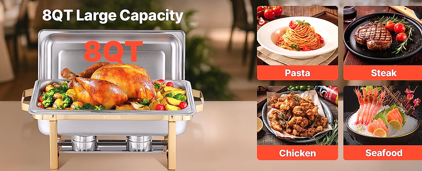 SucceBuy 8 Qt Chafing Dish Set, Stainless Steel Buffet — close-up details