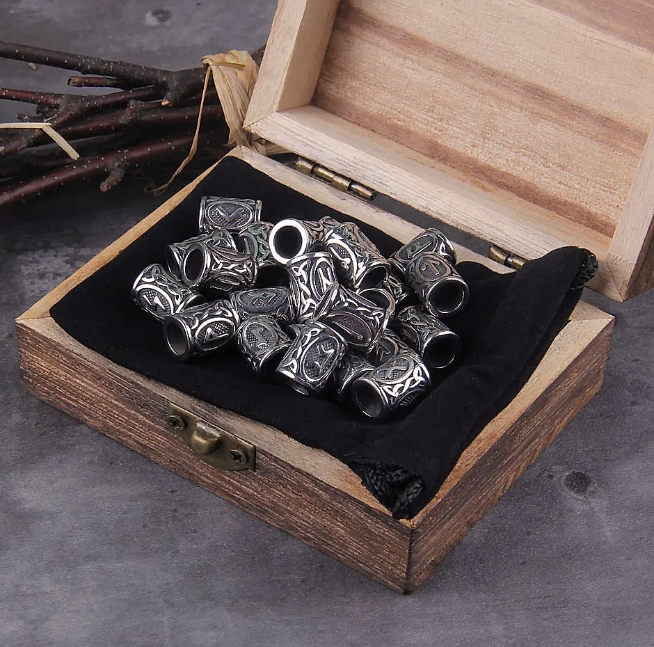 Vikings Jewelry Stainless Steel 24pc Rune Beads Charms — close-up details