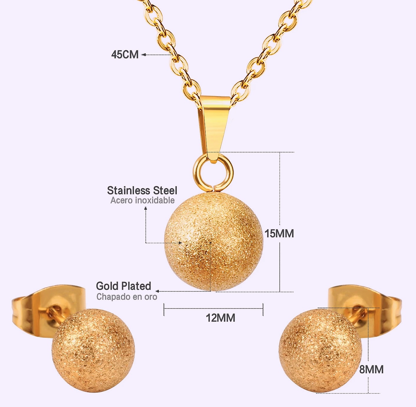 LUXUSTEEL Stainless Steel Round Ball Pendant Necklace Set — parts overview