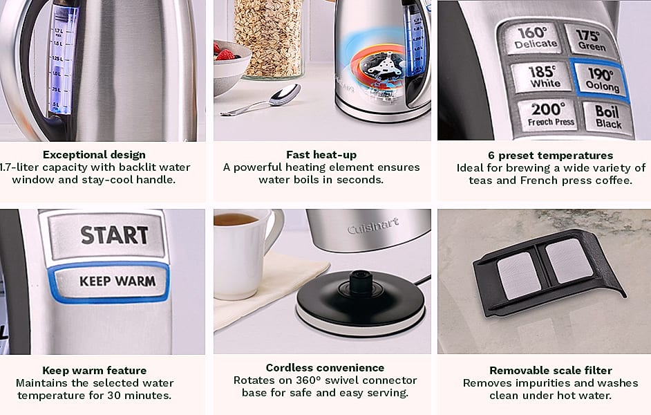 Cuisinart PerfecTemp CPK-17P1 Cordless Kettle, 1500W — assembled view