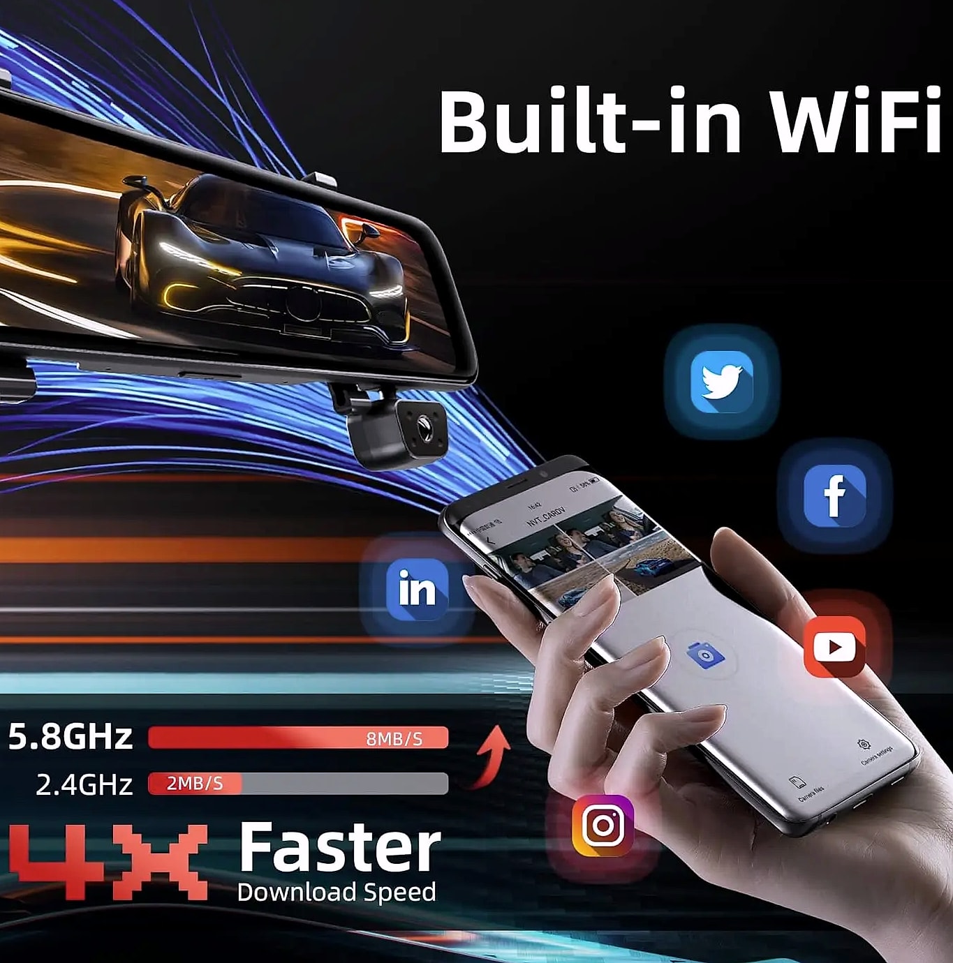12 inch rear view mirror dash cam, 4 channel GPS WiFi — feature highlights