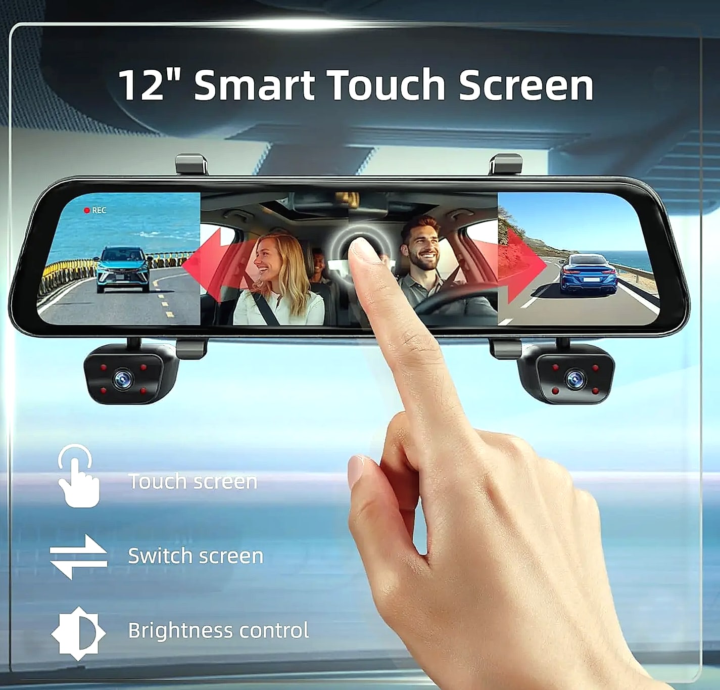 12 inch rear view mirror dash cam, 4 channel GPS WiFi — close-up details