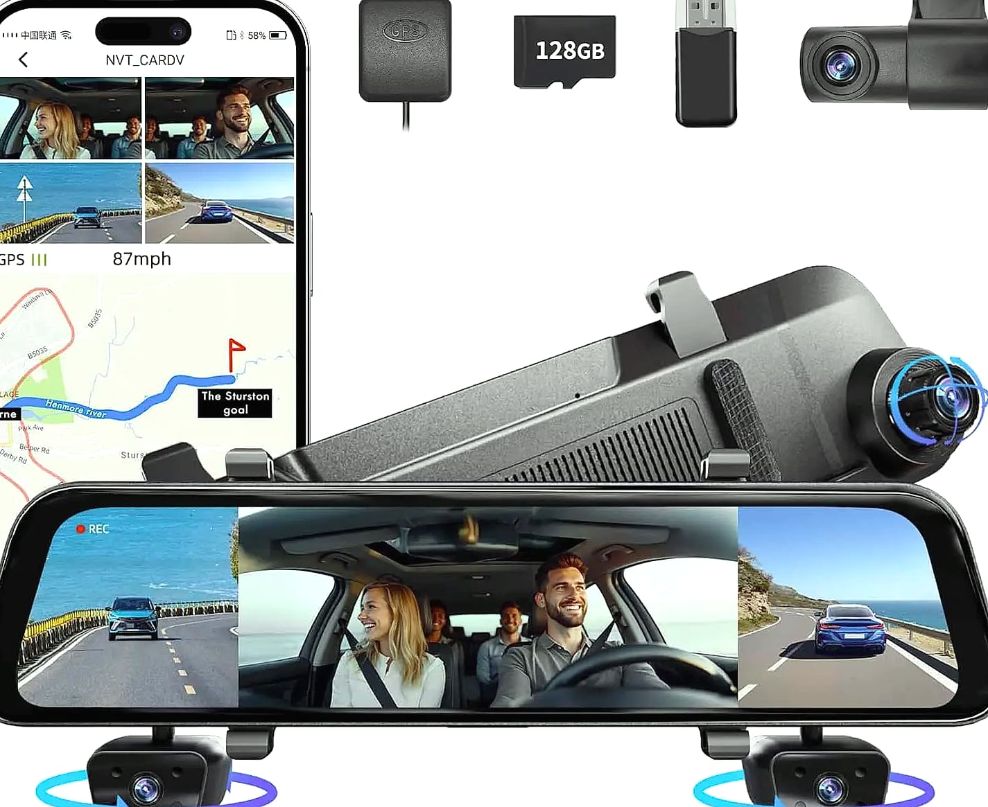 12 inch rear view mirror dash cam, 4 channel GPS WiFi — package contents