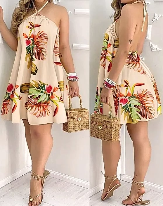 Floral Print Backless Halter Dress for Spring Summer — parts overview