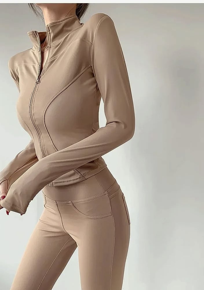Women's Quick Dry Yoga Jacket Long Sleeve Zip Running Top — close-up details
