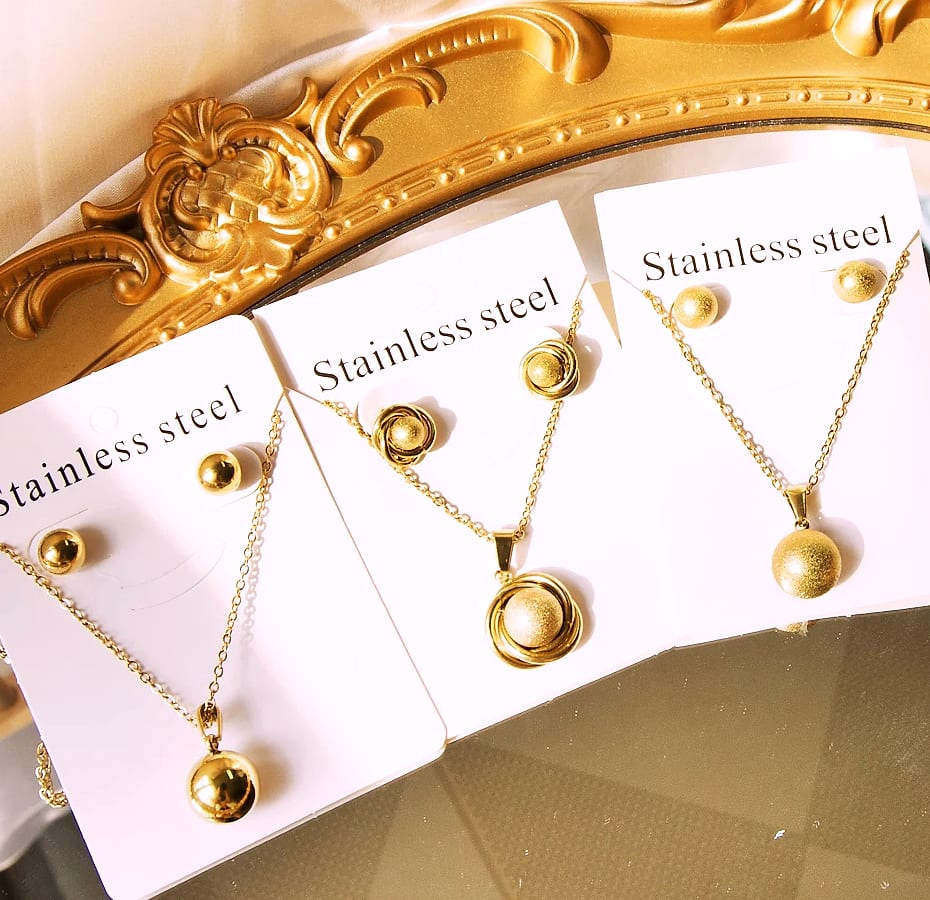 LUXUSTEEL Stainless Steel Round Ball Pendant Necklace Set — package contents
