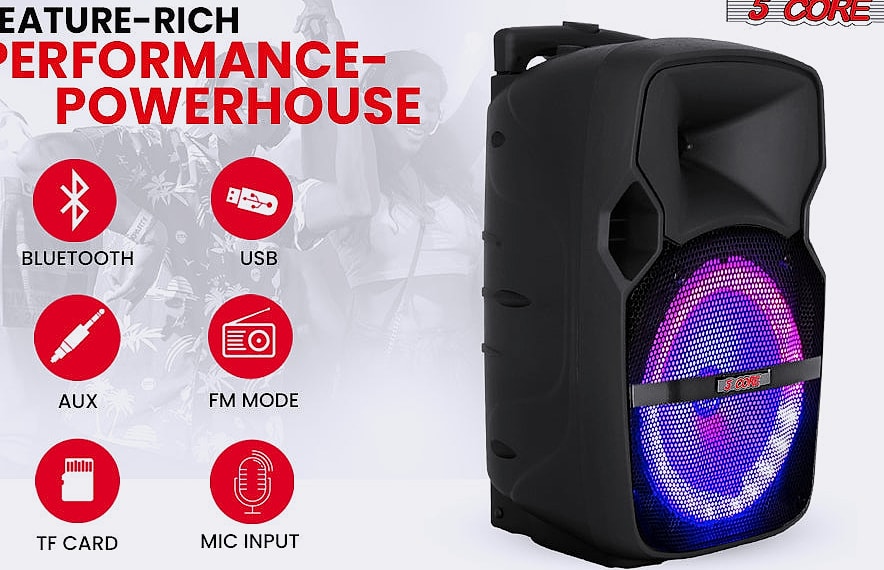 5 Core 400W DJ PA Speaker System with 2 Wireless Mics — close-up details
