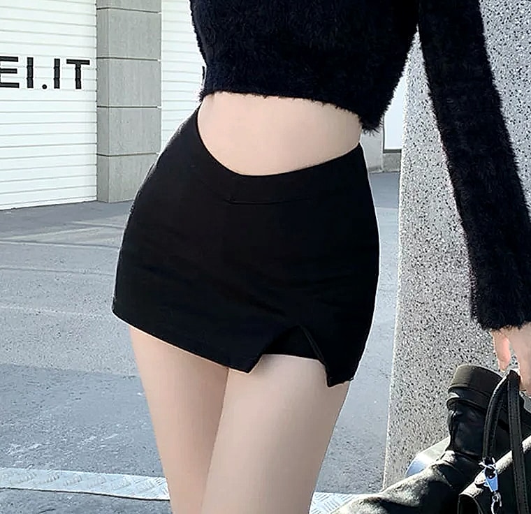 MEXZT Black Mini Skirt with High Waist Split Design — side view