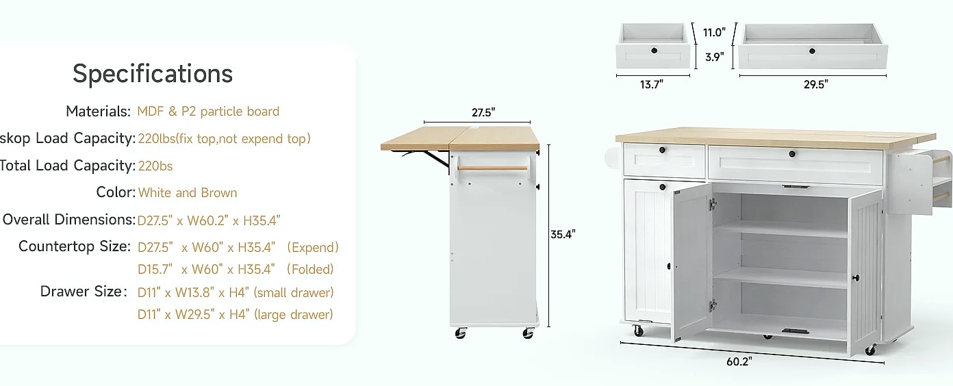 ONBRILL 60 inch Mobile Kitchen Island Rolling Trolley with — side view