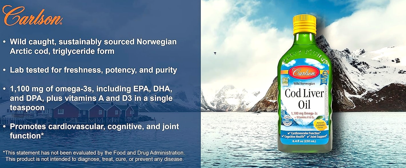 Carlson Cod Liver Oil 1100mg Omega-3 Liquid Fish Oil — package contents