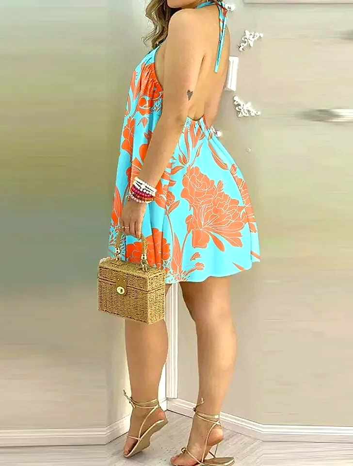 Floral Print Backless Halter Dress for Spring Summer — assembled view