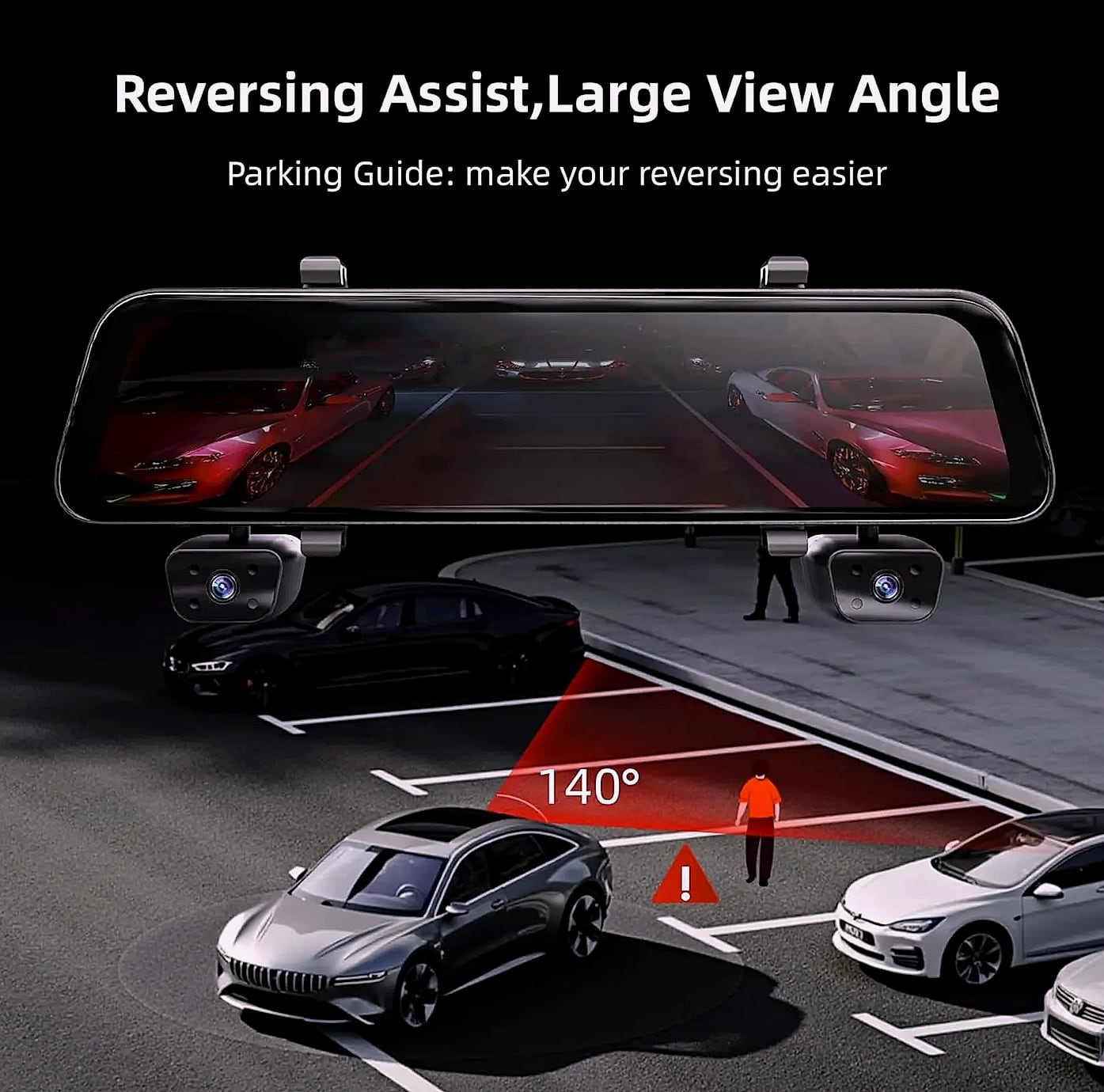 12 inch rear view mirror dash cam, 4 channel GPS WiFi — assembled view