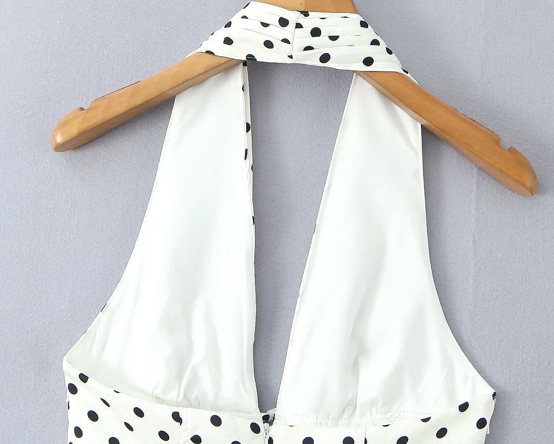 Yenkye French Style Polka Dot Halter Mini Dress — side view