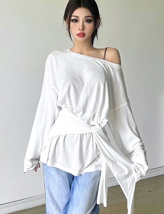 ZOYLEIR See Through Long Sleeve Off Shoulder Top — side view