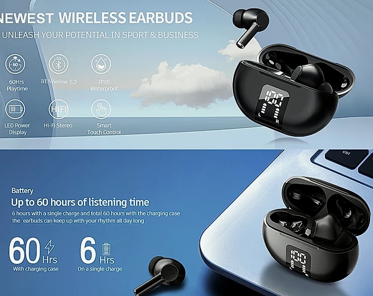 UYUXIO Bluetooth 5.3 Wireless Earbuds with 60H Playback — package contents