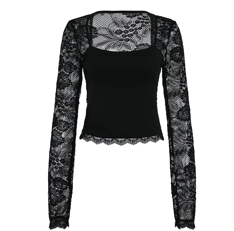 Lace-trimmed Patchwork Long-sleeve Top with Square Neck — scale reference