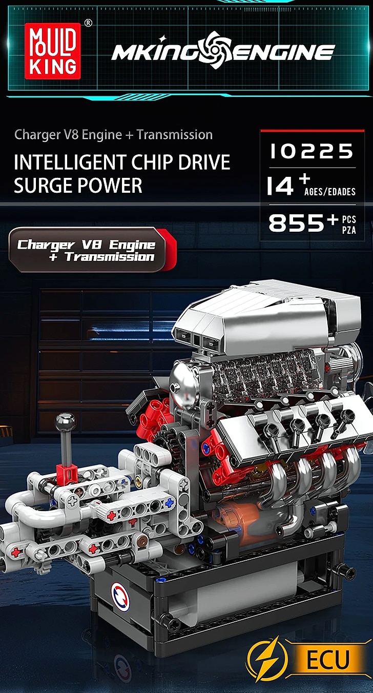 Mould King 10225 V8 Engine Building Block Set with Motor — package contents