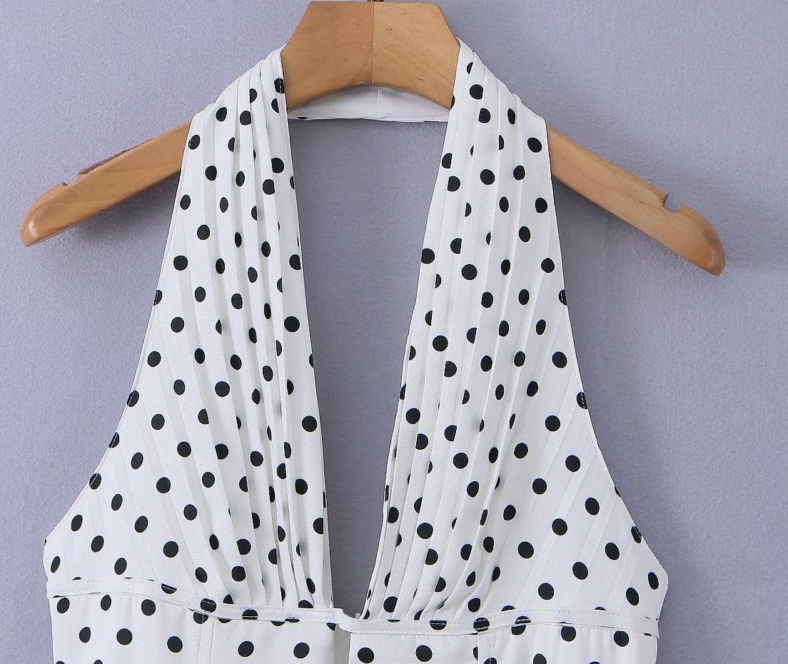 Yenkye French Style Polka Dot Halter Mini Dress — interior detail