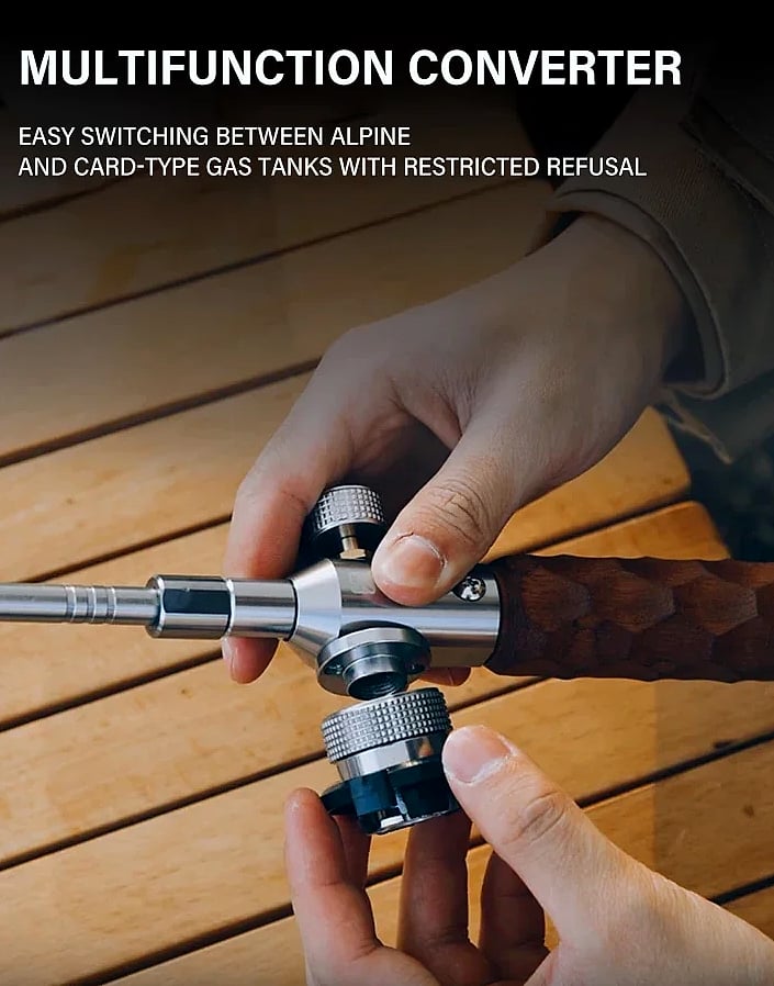 Three-stage Gas Burner Torch with Wood Handle Outdoor — close-up details