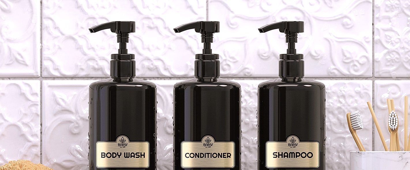 Bar5F Shampoo Conditioner Pump Dispenser, 1L Bottle, 2 Pack — assembled view