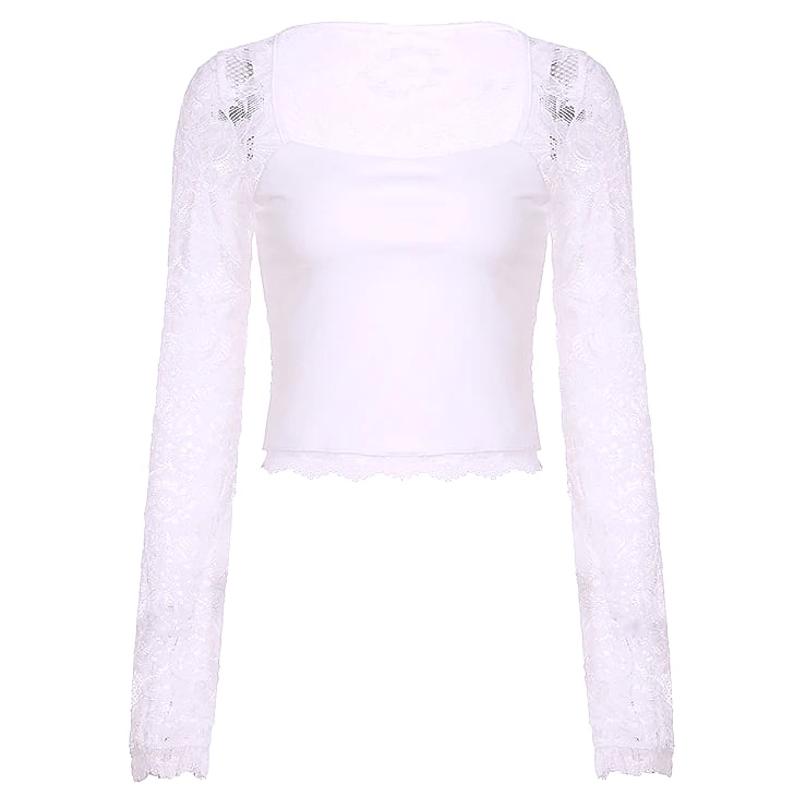 Lace-trimmed Patchwork Long-sleeve Top with Square Neck — feature highlights