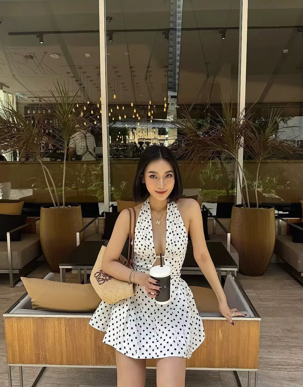 Yenkye French Style Polka Dot Halter Mini Dress — close-up details