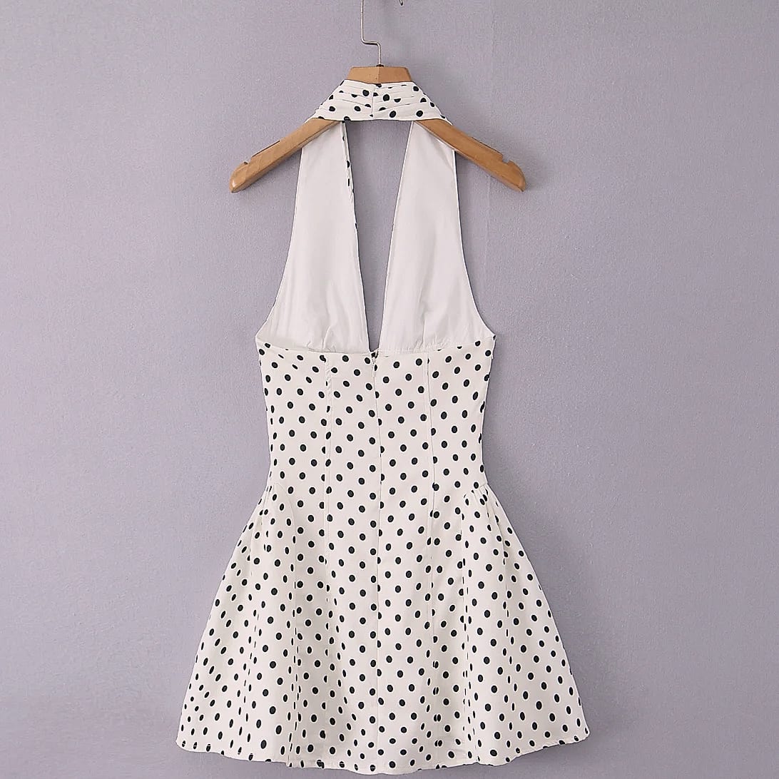 Yenkye French Style Polka Dot Halter Mini Dress — feature highlights