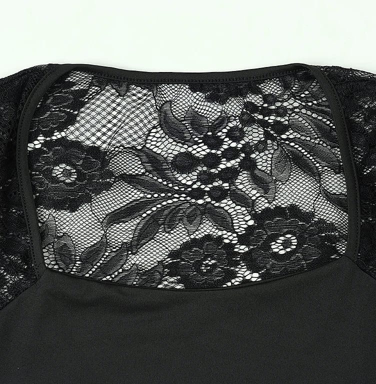 Lace-trimmed Patchwork Long-sleeve Top with Square Neck — side view