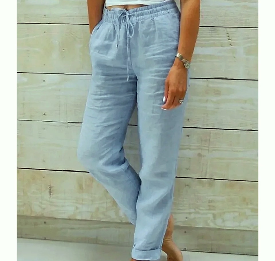 BAVFD Women's Cotton Linen Casual Pants Elastic Waist — scale reference