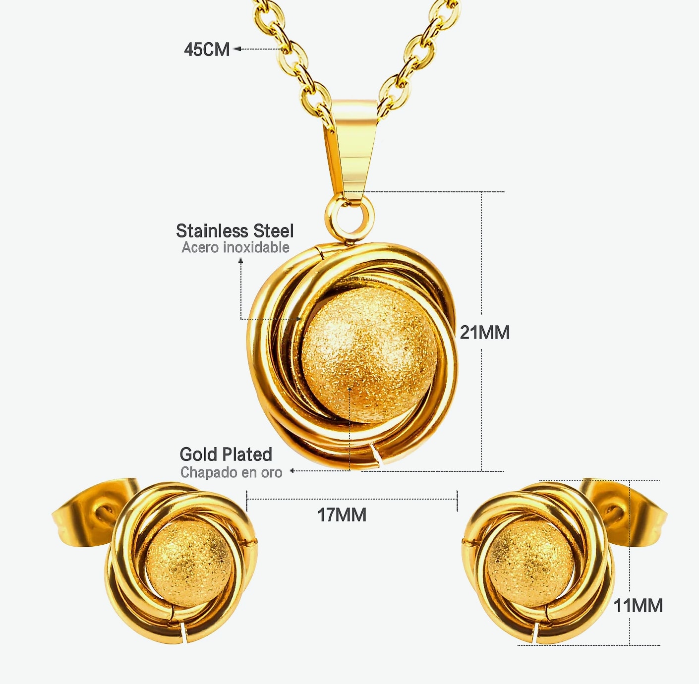 LUXUSTEEL Stainless Steel Round Ball Pendant Necklace Set — side view