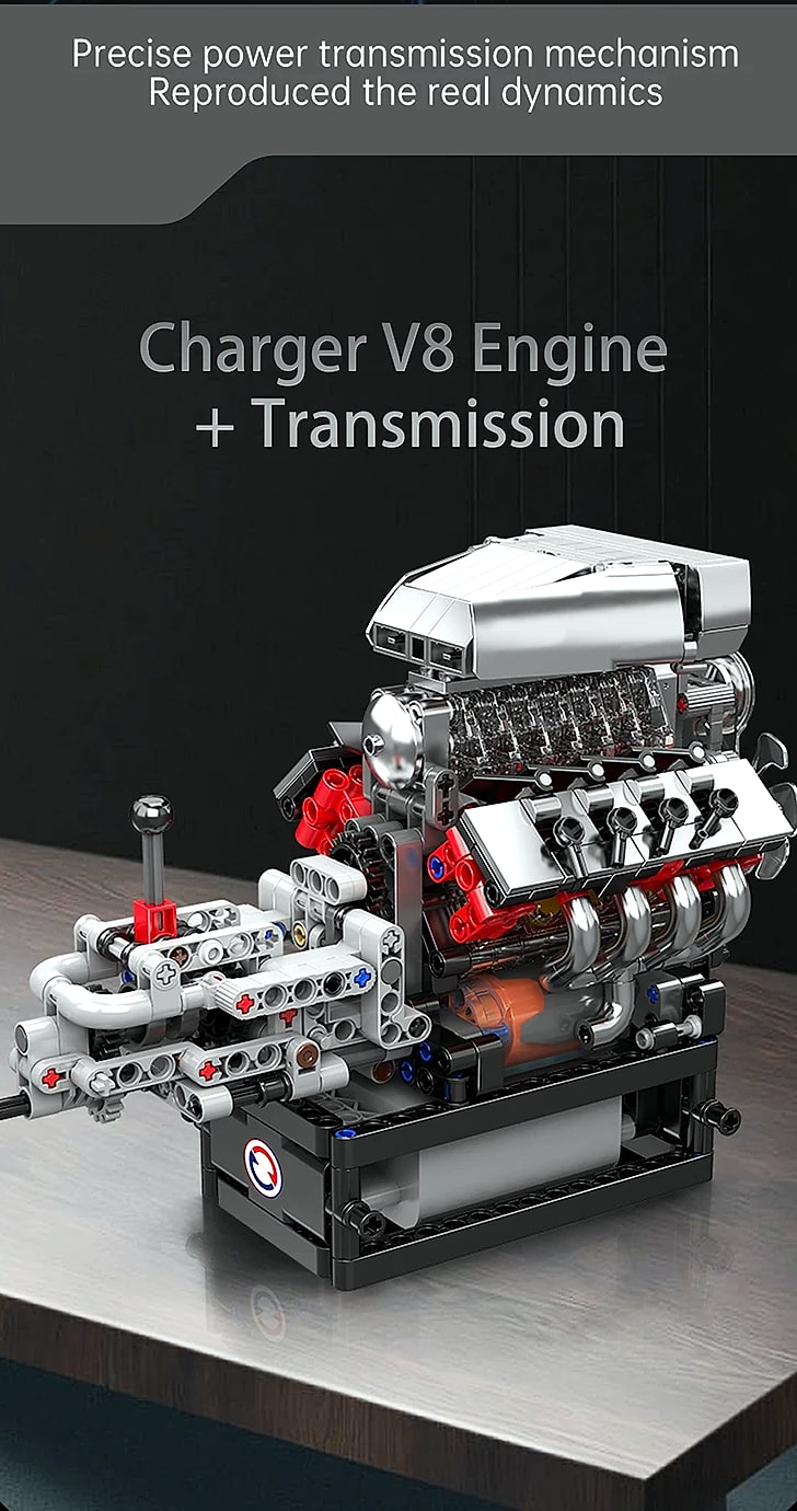 Mould King 10225 V8 Engine Building Block Set with Motor — close-up details