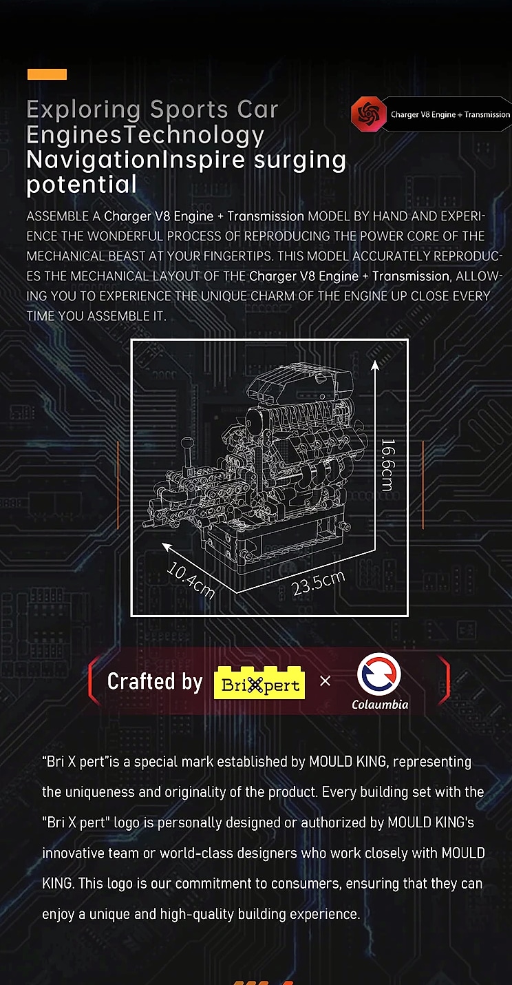 Mould King 10225 V8 Engine Building Block Set with Motor — assembled view