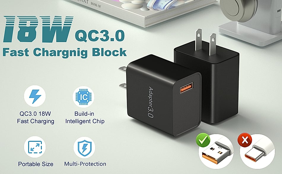OKRAY 2-Pack 18W USB-A Fast Charging Block Quick Charge 3.0 — parts overview