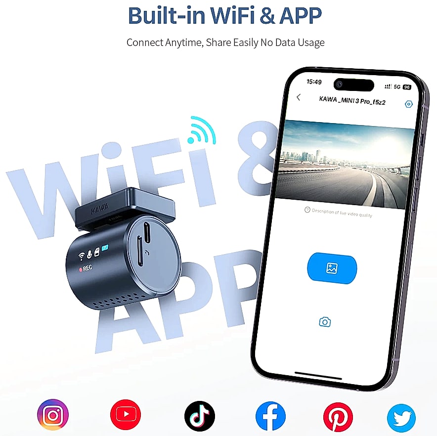 KAWA MINI 3 Pro 2K Dash Cam with WiFi and Voice Control — feature highlights