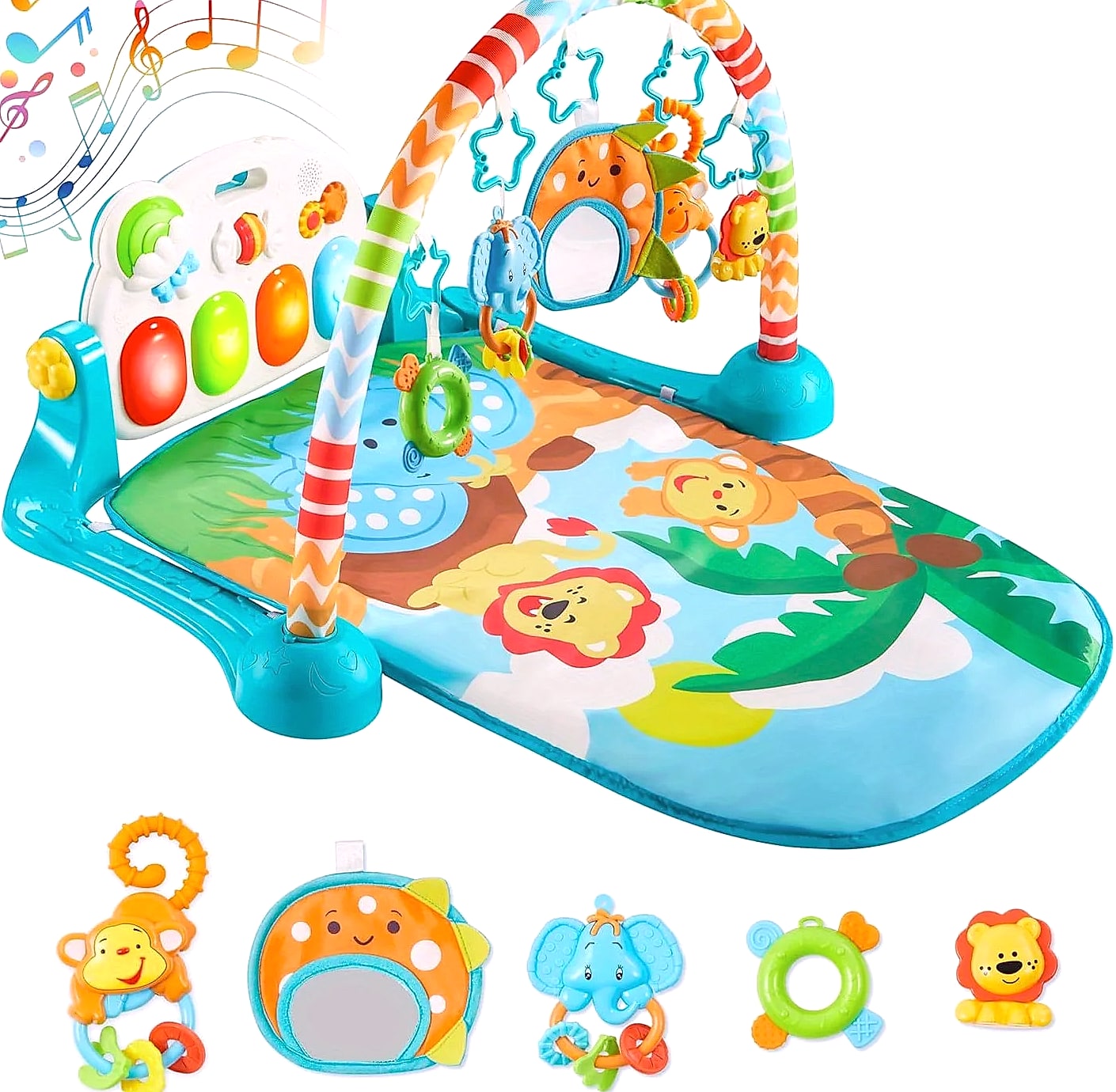 Joyfy Baby Play Mat with Piano, Tummy Time Gym for 0-12 — package contents