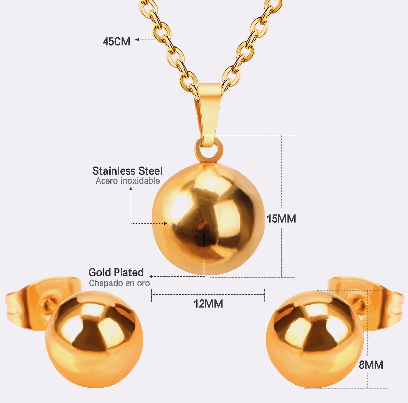 LUXUSTEEL Stainless Steel Round Ball Pendant Necklace Set — assembled view