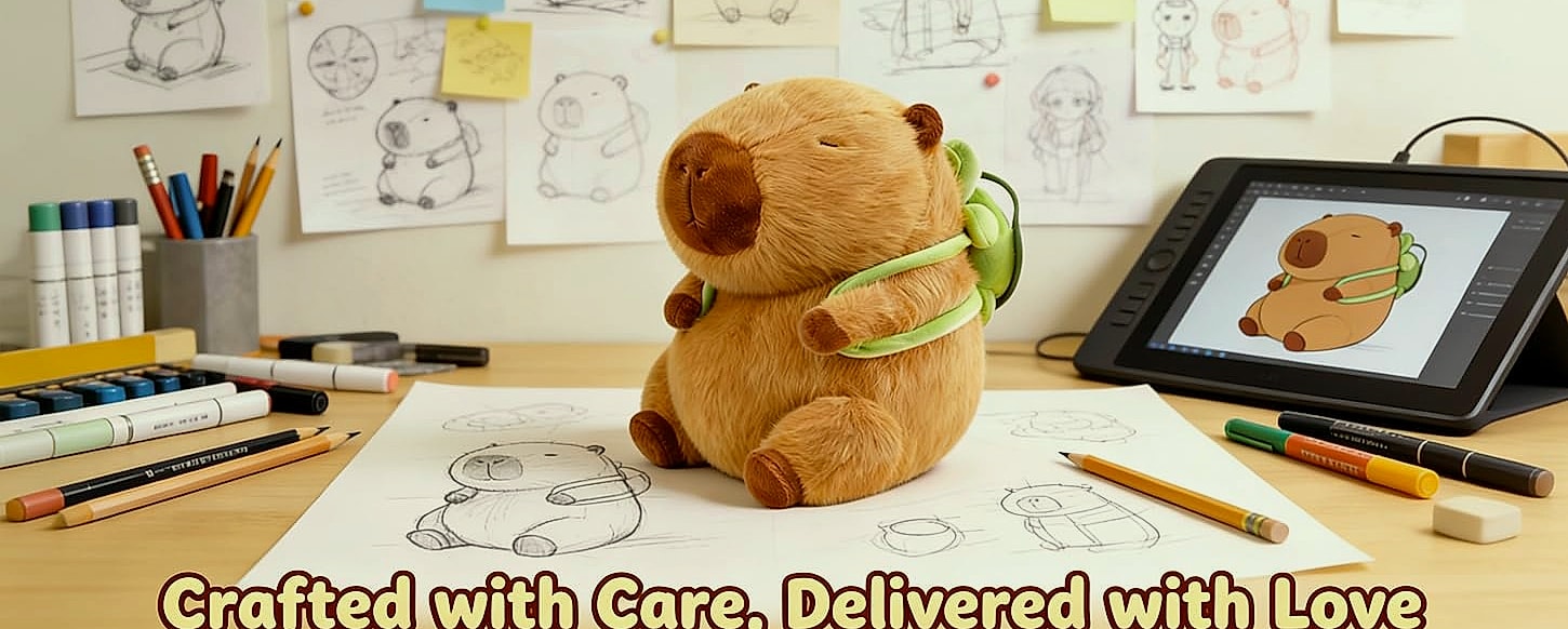 Wonfirang Capybara Plush Toy with Detachable Turtle Backpack — close-up details