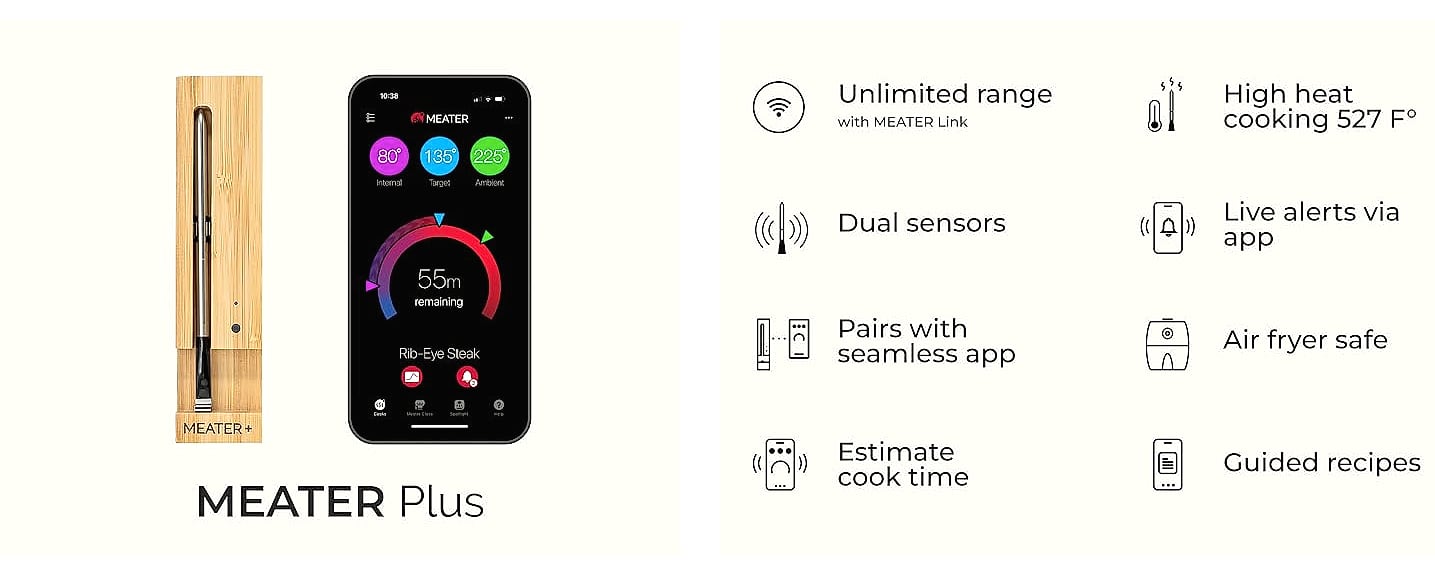MEATER Plus Smart Bluetooth Meat Thermometer for Grill — feature highlights