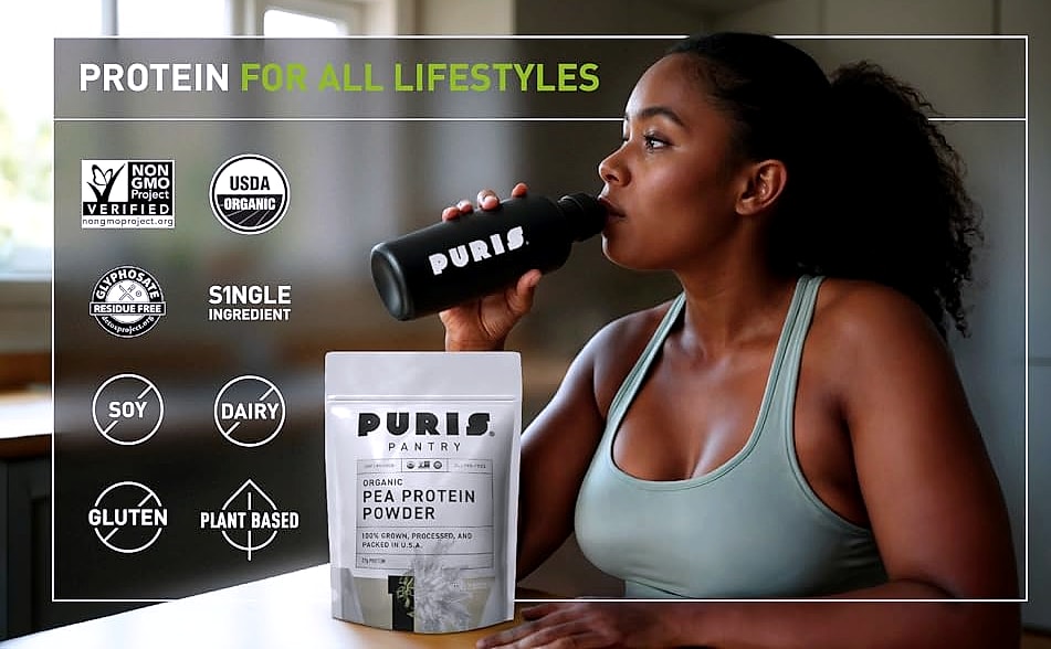 PURIS Organic Pea Protein Powder, 27g Plant Protein Vegan — assembled view