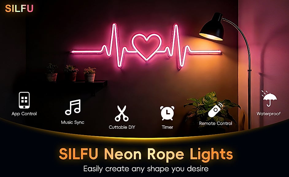 SILFU 50ft RGB LED Neon Strip Lights with Music Sync and — package contents