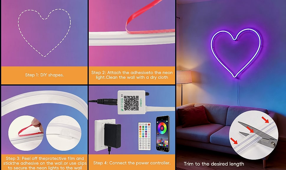 SILFU 50ft RGB LED Neon Strip Lights with Music Sync and — side view