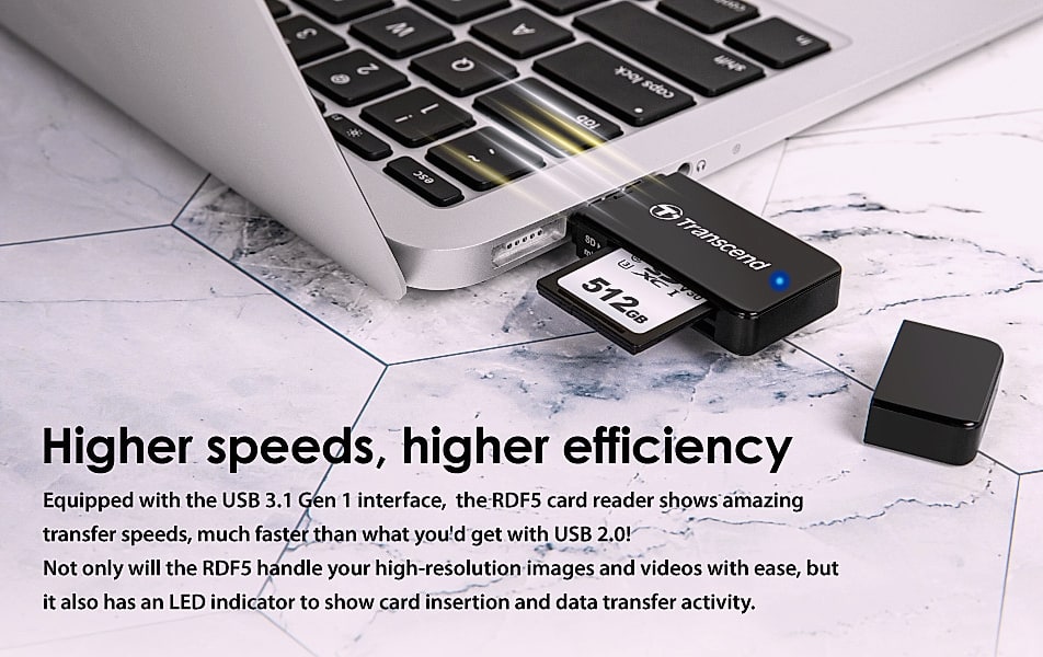 Transcend RDF5 USB 3.1 SD Card Reader for PC and Mac — close-up details