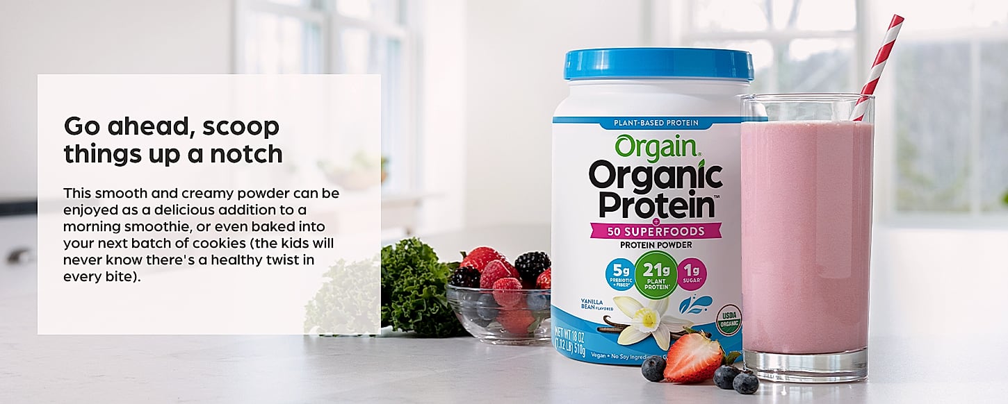 Orgain Organic Vegan Protein Powder with 50 Superfoods — scale reference