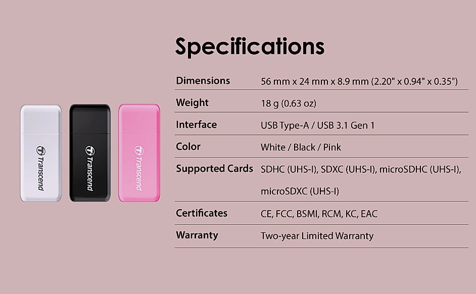 Transcend RDF5 USB 3.1 SD Card Reader for PC and Mac — scale reference